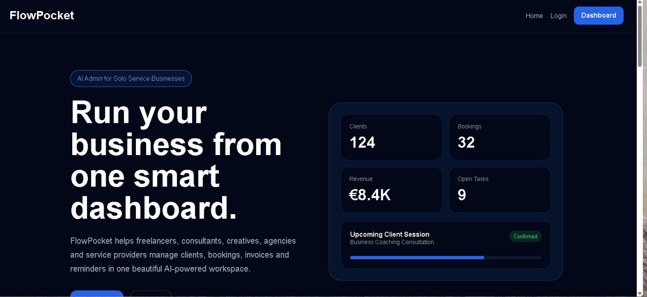 FlowPocket AI-powered business admin dashboard interface preview